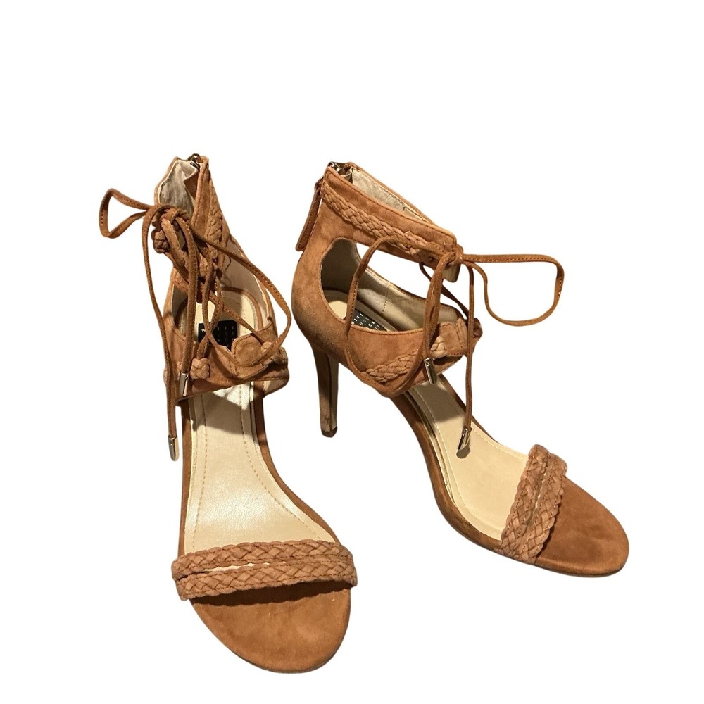 White‎ House Black Market Tan Suede Ankle 3" Heels Back Zip 6.5M Open Toe Boho